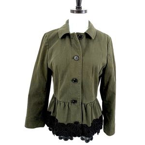 Ann Taylor Army Green Jacket with Black Trim, Peplum, Size 4